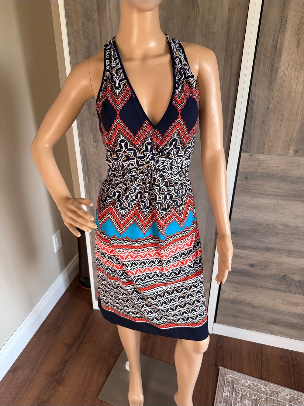 Patterned Halter Wrap Dress in Navy, Red & Turquoise
